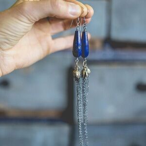 The Noisy Plume Lapis Lazuli Earrings with Cascading Silver Chains